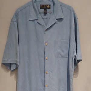 Nat Nast 100% silk, size L, button up shirt, marine blue, Cocktail Time